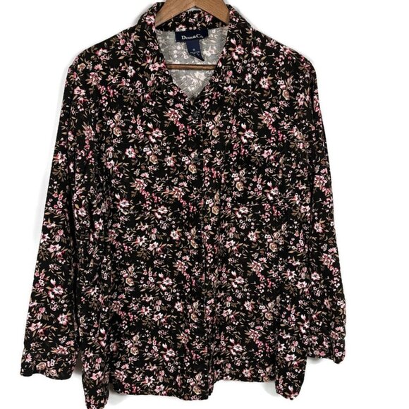 Denim & Co Womens Corduroy Button Up Shirt Size 1X Dark Floral Bohemian Casual - Picture 2 of 8